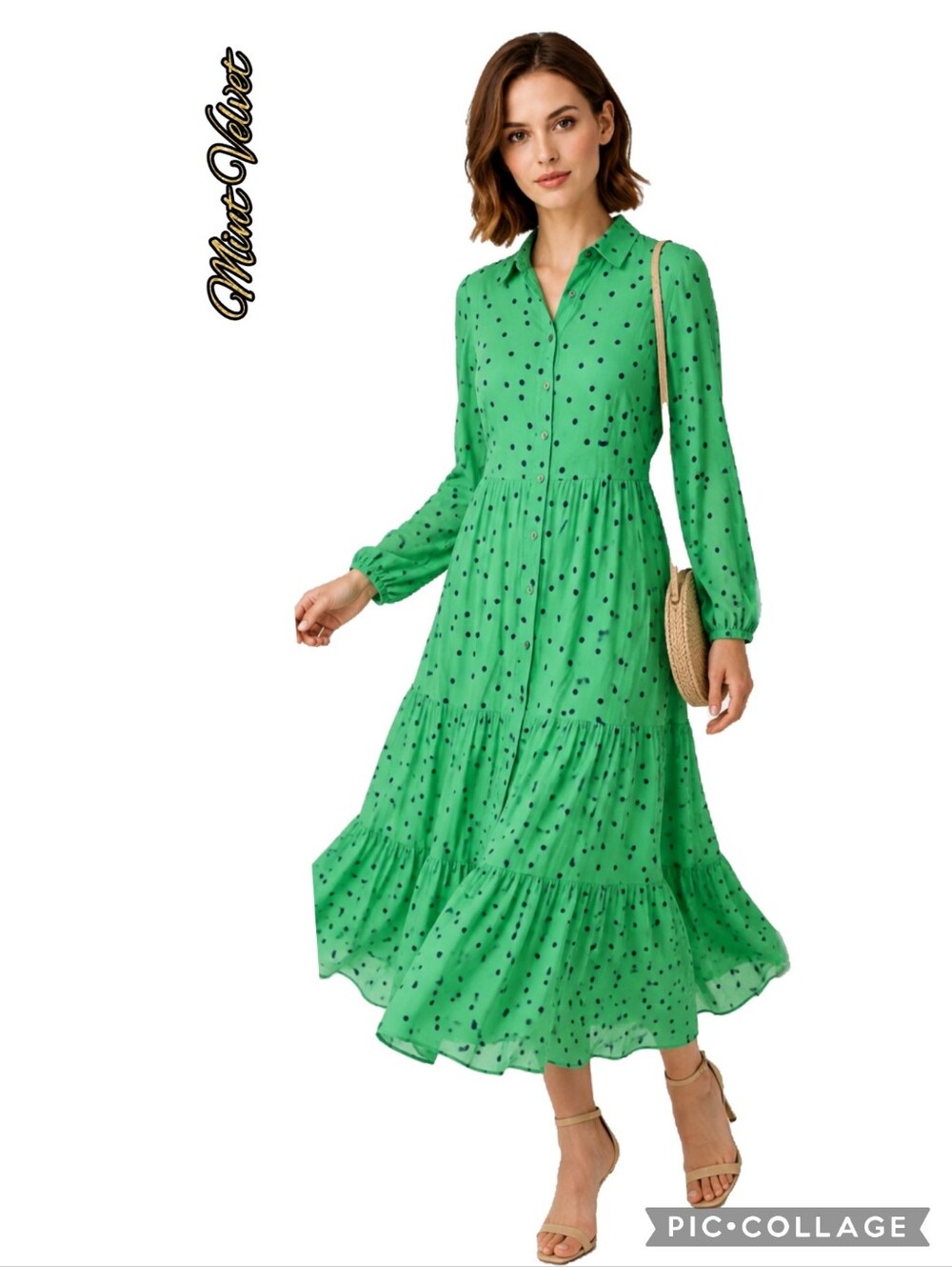 Mint Velvet maxi dress polka dot, ruffled layers, button-front, long sleeve
